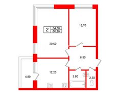 2-комн. кв. 60.9 м² 1/3 этаж