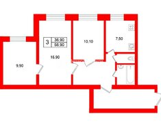 3-комн. кв. 56.9 м² 2/9 этаж