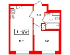 1-комн. кв. 32 м² 2/25 этаж