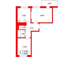 2-комн. кв. 50 м² 7/12 этаж