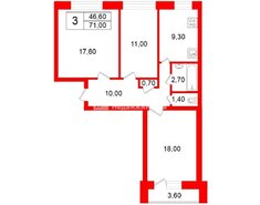 3-комн. кв. 71 м² 9/9 этаж
