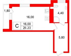 Студия 26.2 м² 9/19 этаж