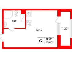Студия 20 м² 8/22 этаж