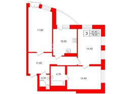 3-комн. кв. 74 м² 10/25 этаж