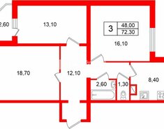 3-комн. кв. 72.3 м² 3/4 этаж
