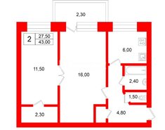 2-комн. кв. 43 м² 4/4 этаж