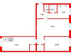 3-комн. кв. 55.8 м² 2/5 этаж