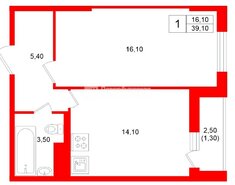 1-комн. кв. 39.1 м² 16/19 этаж