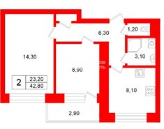 2-комн. кв. 42.8 м² 6/12 этаж