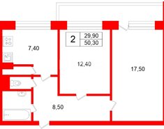 2-комн. кв. 50.3 м² 10/14 этаж