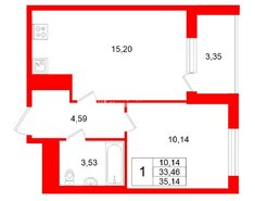 1-комн. кв. 33.2 м² 3/9 этаж