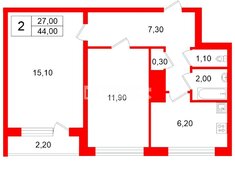 2-комн. кв. 44 м² 1/9 этаж