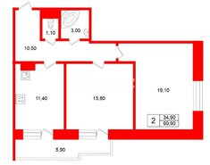 2-комн. кв. 60.9 м² 7/19 этаж