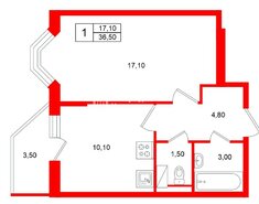 1-комн. кв. 36.5 м² 3/12 этаж