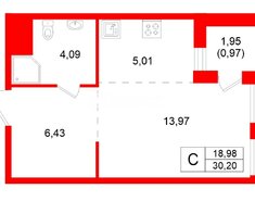 Студия 30.2 м² 5/6 этаж