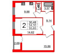 2-комн. кв. 54.3 м² 10/14 этаж