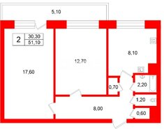 2-комн. кв. 51.1 м² 8/14 этаж