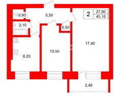 2-комн. кв. 45.1 м² 9/9 этаж