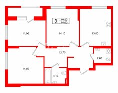 3-комн. кв. 74 м² 3/12 этаж