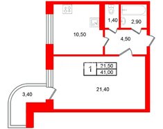 1-комн. кв. 41 м² 14/22 этаж
