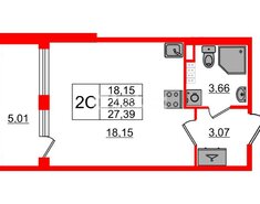 Студия 24.88 м² 3/4 этаж