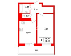 1-комн. кв. 42.5 м² 13/19 этаж