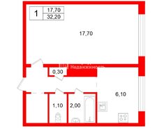 1-комн. кв. 32.2 м² 3/9 этаж
