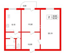 2-комн. кв. 52.4 м² 6/12 этаж