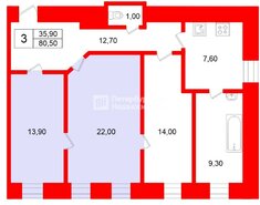 Комната 35.9 м² в 3-комн. кв. 5/7 этаж