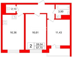2-комн. кв. 57.7 м² 4/17 этаж