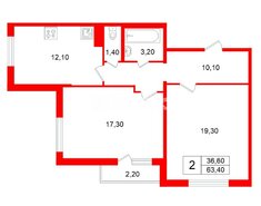 2-комн. кв. 63.4 м² 3/9 этаж