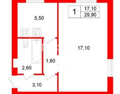 1-комн. кв. 29.9 м² 2/2 этаж