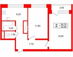 2-комн. кв. 43.6 м² 12/12 этаж