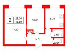 2-комн. кв. 45.5 м² 2/9 этаж