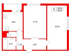 2-комн. кв. 60.3 м² 16/17 этаж