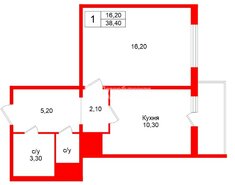 1-комн. кв. 38.4 м² 13/23 этаж