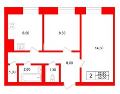 2-комн. кв. 42 м² 3/6 этаж