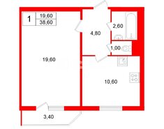 1-комн. кв. 38.6 м² 3/11 этаж