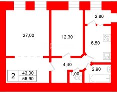 3-комн. кв. 56.9 м² 2/4 этаж