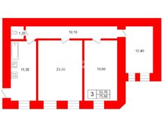 3-комн. кв. 75.6 м² 1/4 этаж