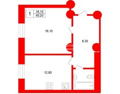 1-комн. кв. 40.2 м² 1/5 этаж