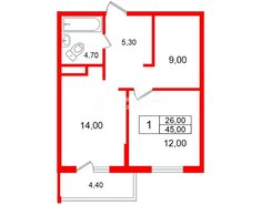 1-комн. кв. 45.4 м² 3/15 этаж