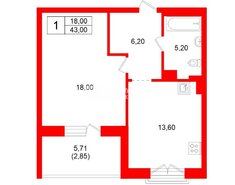 1-комн. кв. 43 м² 3/4 этаж