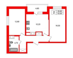 2-комн. кв. 53.5 м² 14/19 этаж