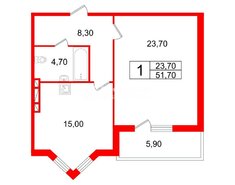1-комн. кв. 51.7 м² 2/4 этаж