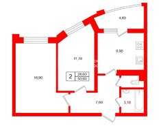 2-комн. кв. 50.6 м² 25/25 этаж