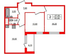 2-комн. кв. 55.8 м² 4/11 этаж