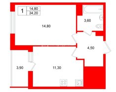 1-комн. кв. 34.2 м² 11/12 этаж