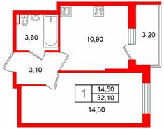 1-комн. кв. 32.1 м² 9/11 этаж
