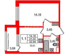 1-комн. кв. 34.5 м² 2/9 этаж